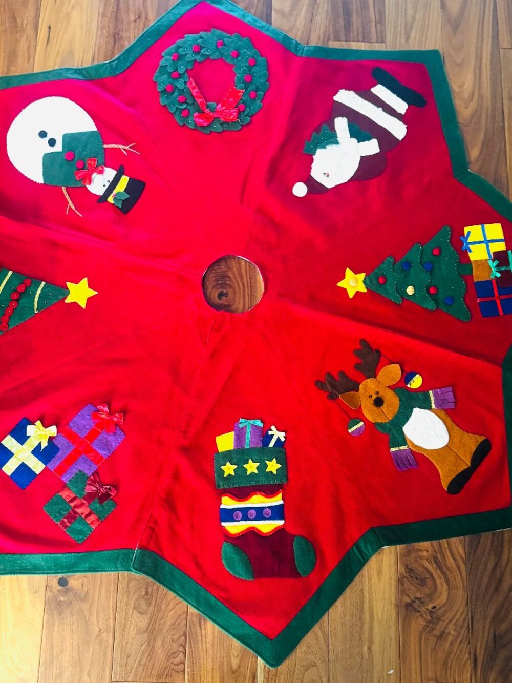 Handmade Red Felt knitting Star Shaped Christmas Tree Skirt 54" Lined Holiday ap